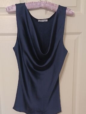 Florencia Sz S, Made In Italy, Navy, Satin Lik Draped Neck Sleeveless Camisole.